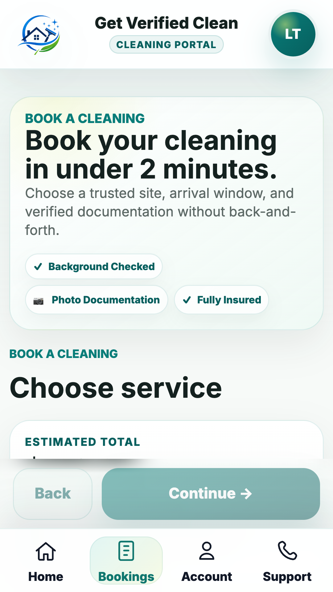 Customer app booking screen for scheduling a cleaning