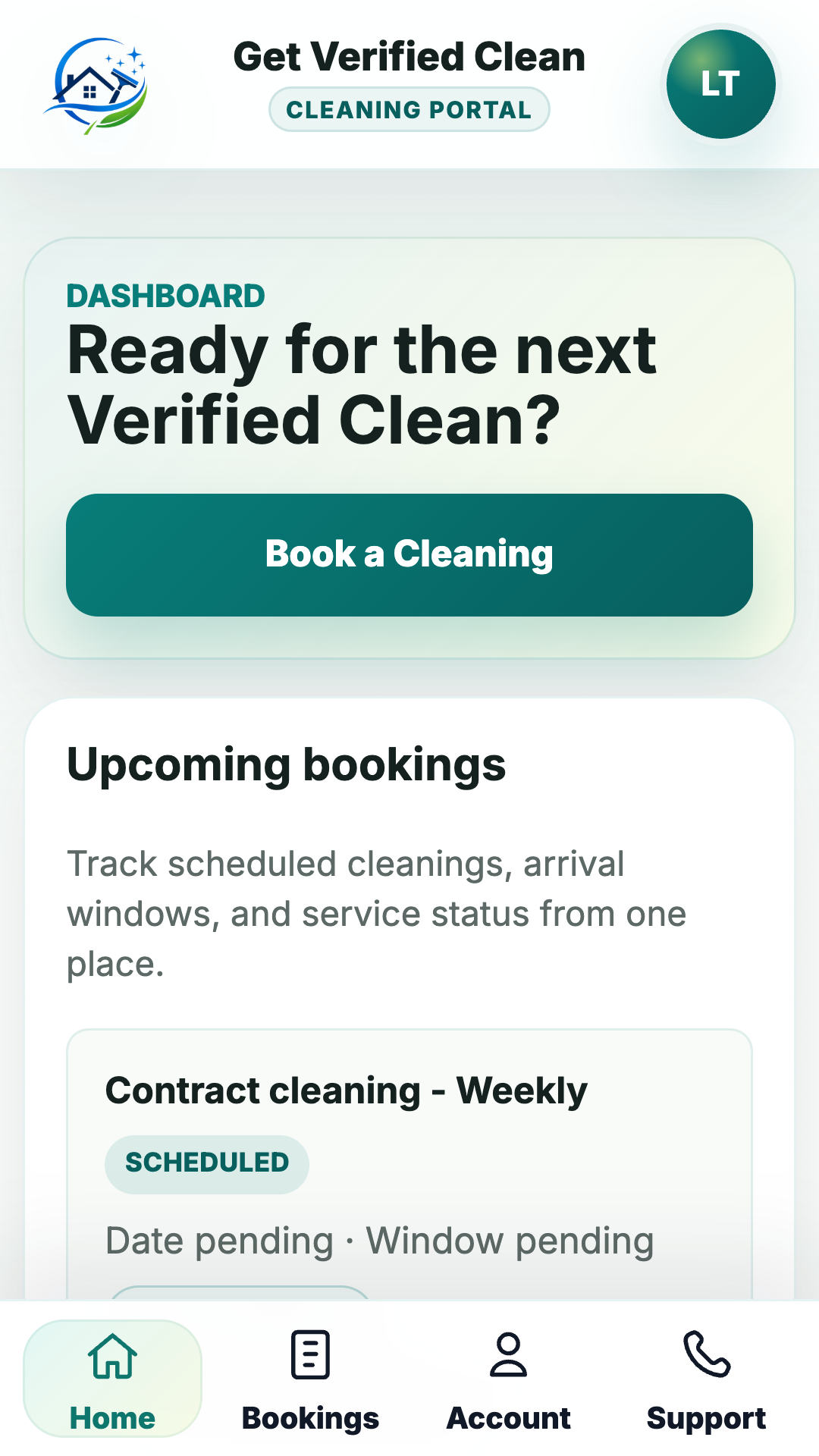 Customer app dashboard for tracking verified cleanings