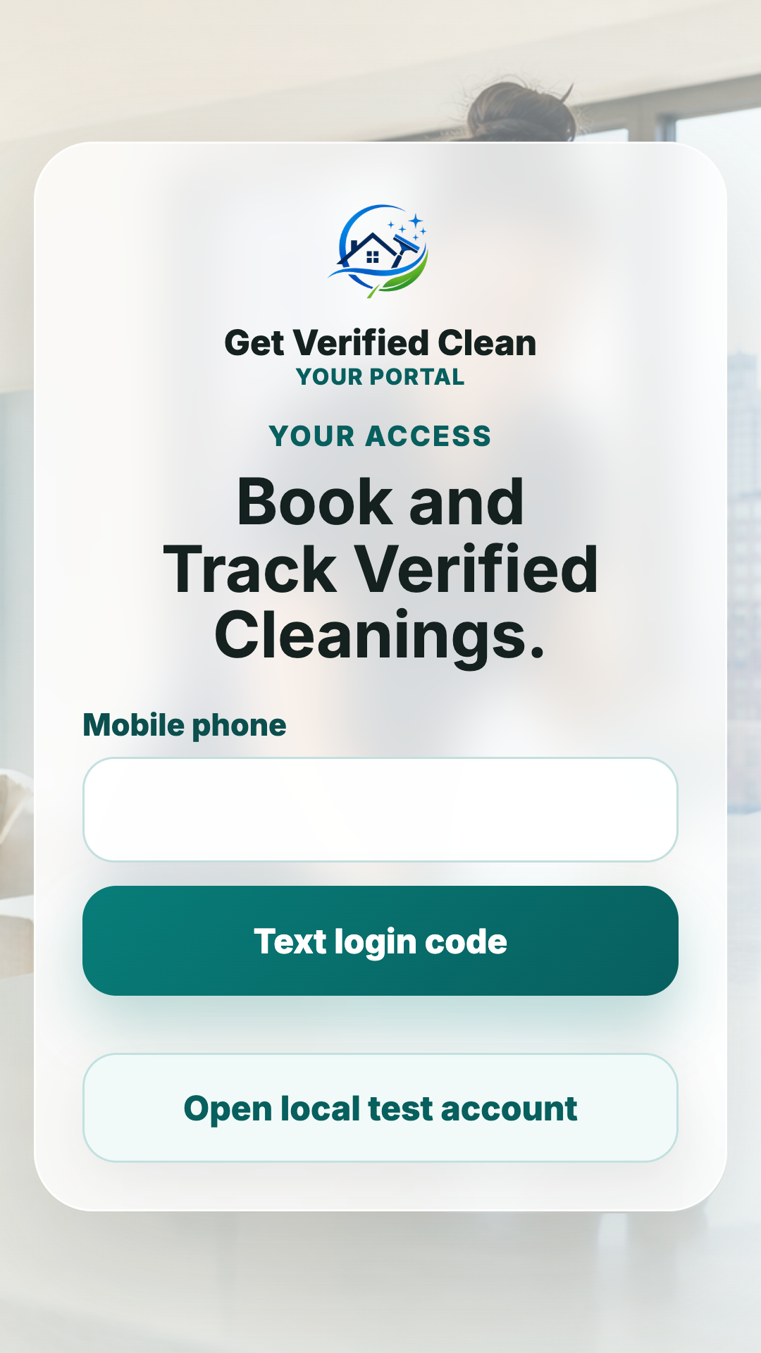 Get Verified Clean customer app login screen