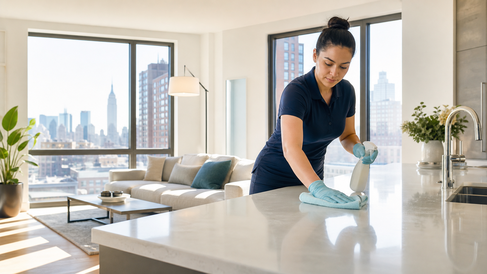 Professional cleaner working in a bright New York City apartment